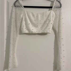 12th Tribe Ivory Beaded Long Sleeve Crop Top